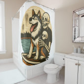 Skeleton with Dog on Haunted Lake Horror Art Douchegordijn (In situ)