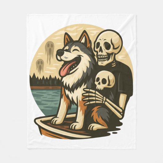 Skeleton with Dog on Haunted Lake Horror Art Fleece Deken (Voorkant)