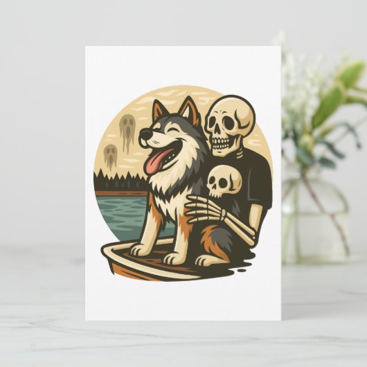 Skeleton with Dog on Haunted Lake Horror Art Kaart (Staand voorkant)