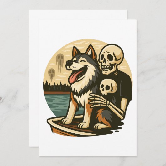 Skeleton with Dog on Haunted Lake Horror Art Kaart (Voorkant / Achterkant)