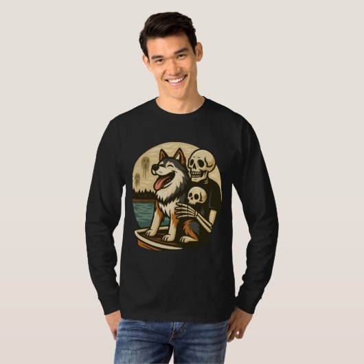 Skeleton with Dog on Haunted Lake Horror Art T-shirt (Voorkant volledig)
