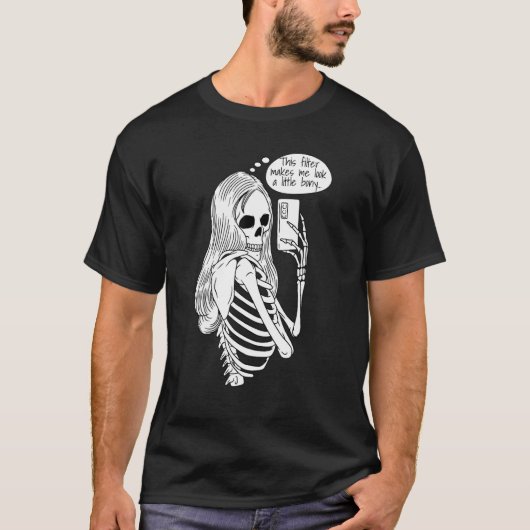 Skeleton Woman with Cell Phone Taking Selfie Skull T-shirt (Voorkant)
