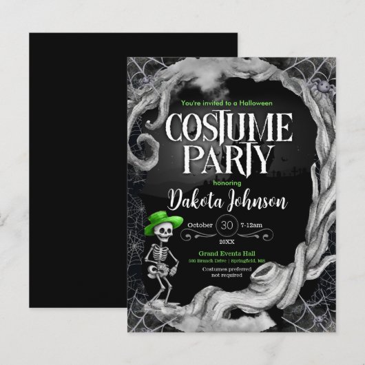 Skeleton Zwart Halloween Kostuum Feest Uitnodiging (Voorkant / Achterkant)
