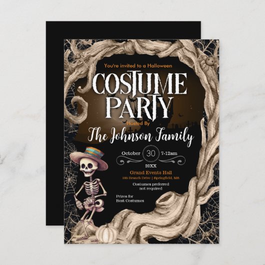 Skeleton Zwart Halloween Kostuum Feest Uitnodiging (Voorkant / Achterkant)