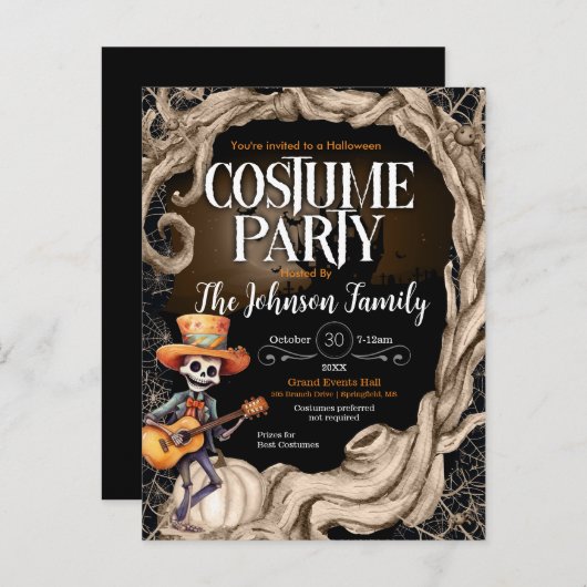 Skeleton Zwart Halloween Kostuum Feest Uitnodiging (Voorkant / Achterkant)