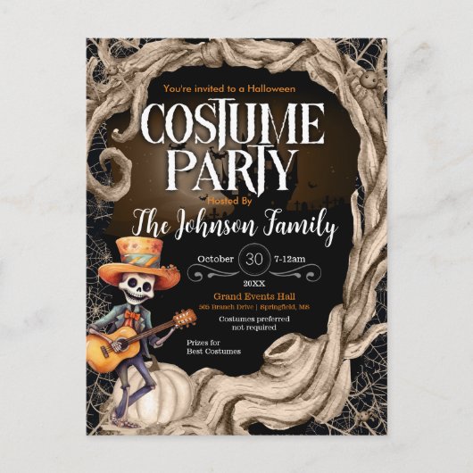Skeleton Zwart Halloween Kostuum Feest Uitnodiging (Voorkant)