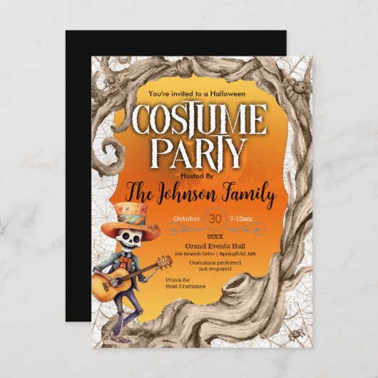 Skeleton Zwart Halloween Kostuum Feest Uitnodiging (Voorkant / Achterkant)