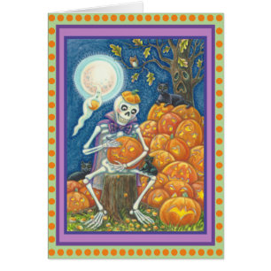 SKELETON, ZWARTE KATTEN DIE PUMPKIN WENSKAART VERV