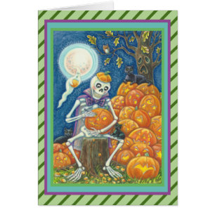 SKELETON, ZWARTE KATTEN DIE PUMPKIN WENSKAART VERV