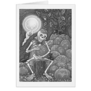 SKELETON, ZWARTE KATTEN DIE PUMPKIN WENSKAART VERV