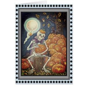 SKELETON, ZWARTE KATTEN DIE PUMPKIN WENSKAART VERV