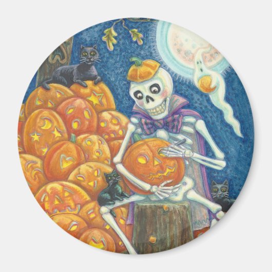 SKELETON, ZWARTE VANGSTEN DIE POMPKINS MAGNET Rond (Voorkant)