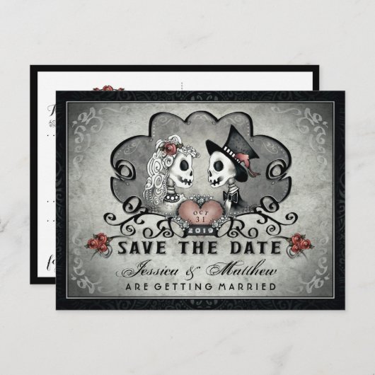 Skeletons Zwart Grijs Wit SAVE THE DATE Aankondigingskaart (Voorkant / Achterkant)