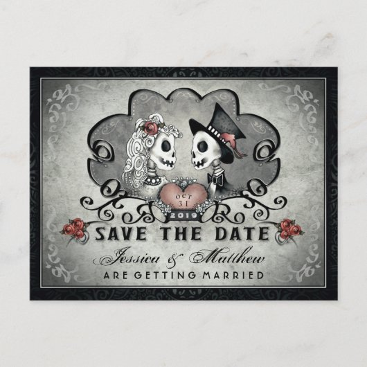 Skeletons Zwart Grijs Wit SAVE THE DATE Aankondigingskaart (Voorkant)