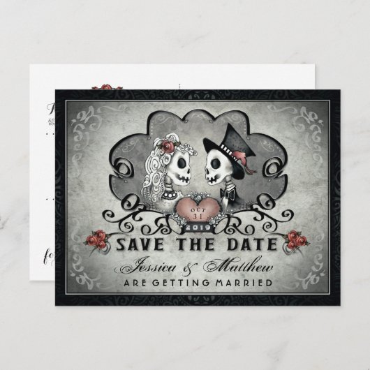 Skeletons Zwart Grijs Wit SAVE THE DATE Aankondigingskaart (Voorkant / Achterkant)