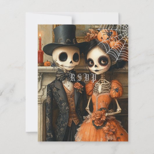 Skeletons Zwarte Spinnen Halloween Bruiloft RSVP Kaart (Voorkant)