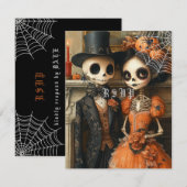 Skeletons Zwarte Spinnen Halloween Bruiloft RSVP Kaart (Voorkant / Achterkant)
