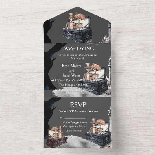 skeletpaar bruiloft all in one uitnodiging (Binnen)