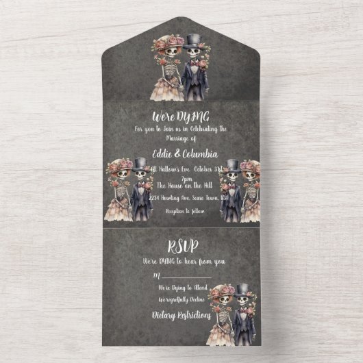 skeletpaar bruiloft all in one uitnodiging (Binnen)