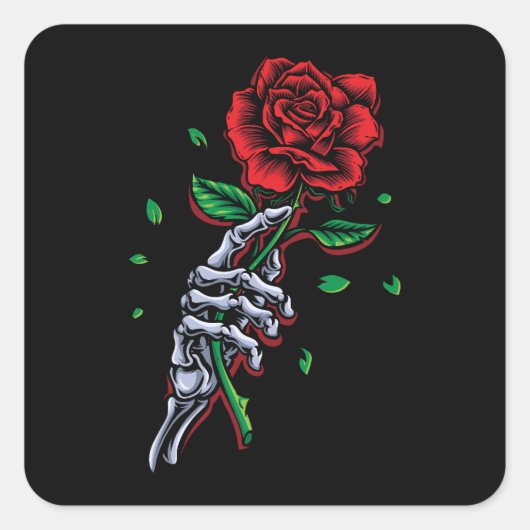 Skeletspieren Roodrode rozenbloem Vierkante Sticker (Voorkant)