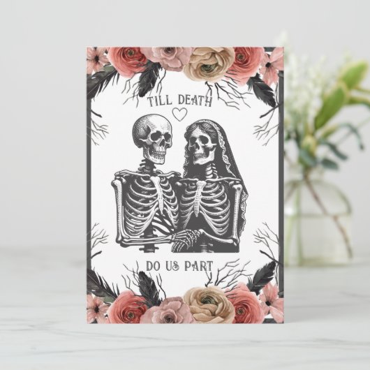 Skeletten Bloemen Tot Dood Bruiloft Kaart (Staand voorkant)