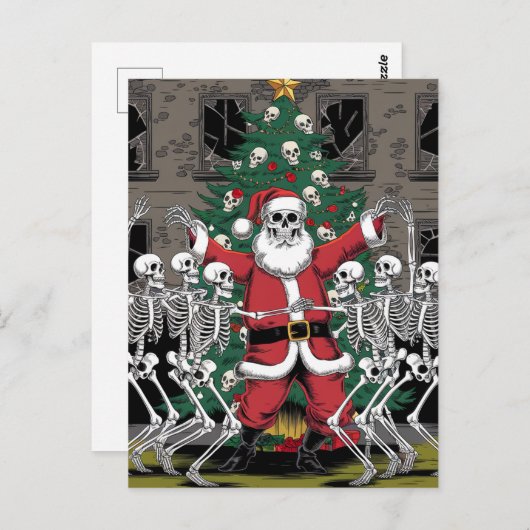 Skeletten en kerstman dansen rond kerstboom briefkaart (Voorkant / Achterkant)
