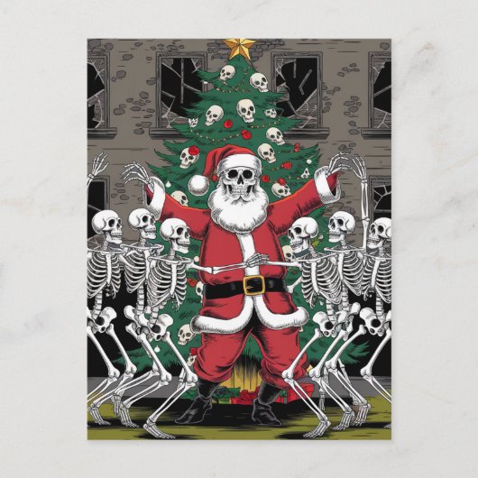 Skeletten en kerstman dansen rond kerstboom briefkaart (Voorkant)