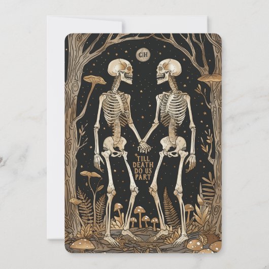 Skeletten en paddenstoelen tot de dood bruiloft kaart (Achterkant)