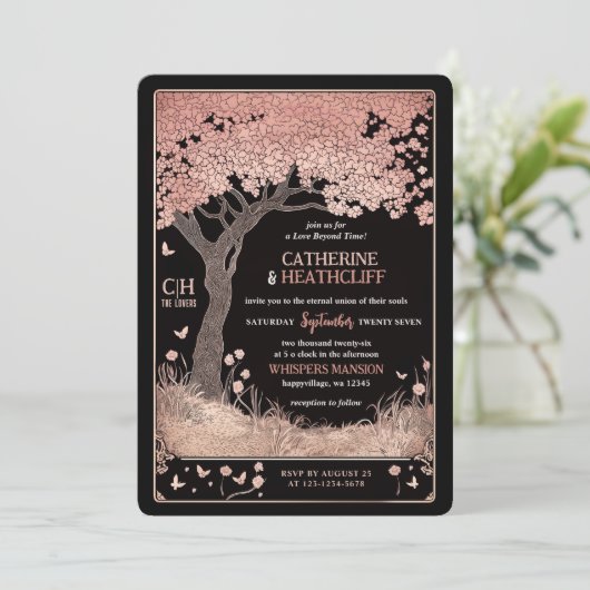 Skeletten en Sakura Tarot bruiloft uitnodiging (Staand voorkant)