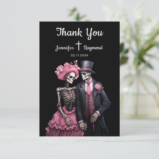 Skeletten Gotische Bruiloft Dank u Kaarten (Staand voorkant)