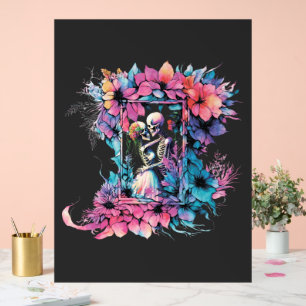Skeletten in de liefde. Een boeket bloemen. Acryl Bord