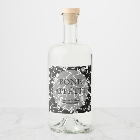 Skeletten op zwart likeurfles etiket (Voorkant)