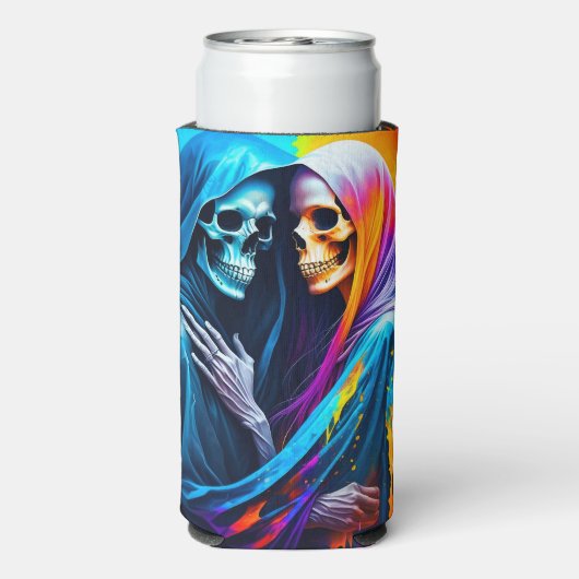 Skeletten verpakt in een regenboog seltzer blikjeskoeler (Seltzer Achterkant)