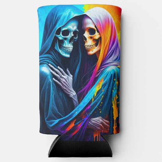 Skeletten verpakt in een regenboog seltzer blikjeskoeler (Voorkant)