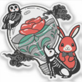 Skeletuil & Rode Roos Lichtpeertje Kunst Sticker (Voorkant)