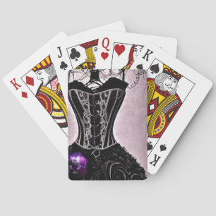 Skeletvormer met zwart corset pokerkaarten