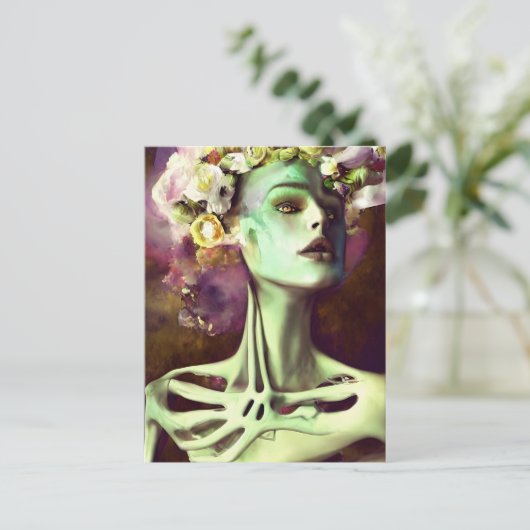 Skeletvrouw met bloemen briefkaart (Staand voorkant)