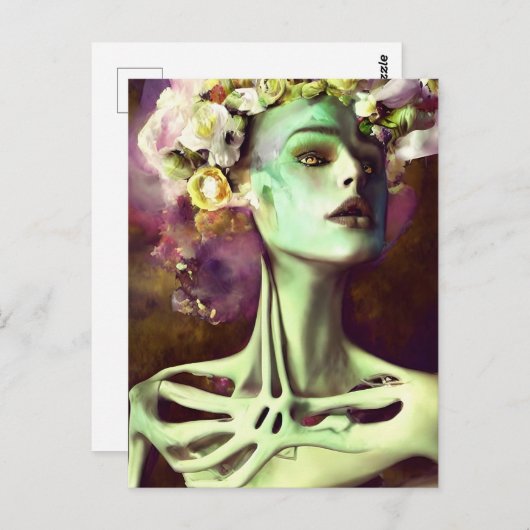 Skeletvrouw met bloemen briefkaart (Voorkant / Achterkant)