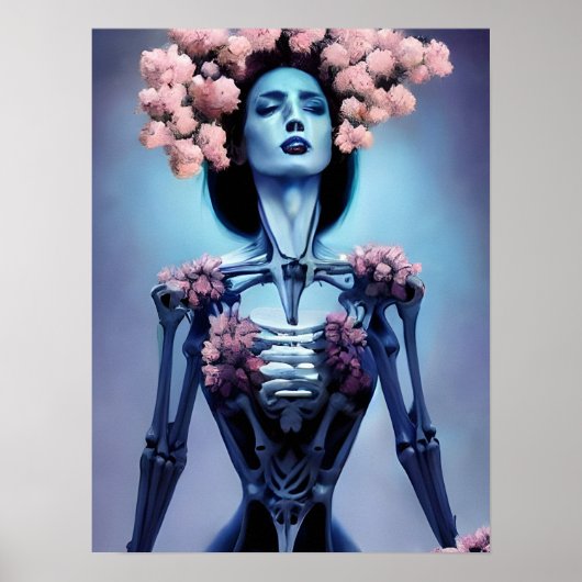 Skeletvrouw met bloemen poster (Voorkant)