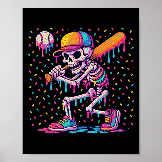 Skelton Playing Baseball Halloween Baseball Drip B Poster (Voorkant)
