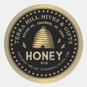 Skep with Bees op Black and Gold Honey Label