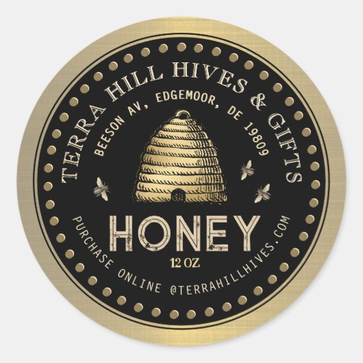 Skep with Bees op Black and Gold Honey Label (Voorkant)