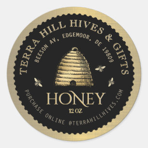 Skep with Bees op Black and Gold Honey Label