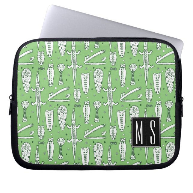 Sketch Crocodile Pattern | Monogram Laptop Sleeve (Voorkant)