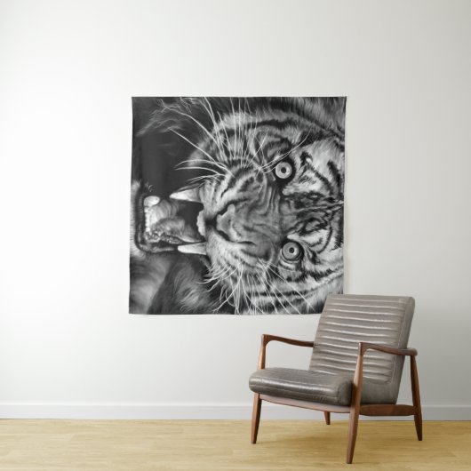 Sketch of a wild tiger in black and whiteblack,whi wandkleed (In Situ (horizontaal))