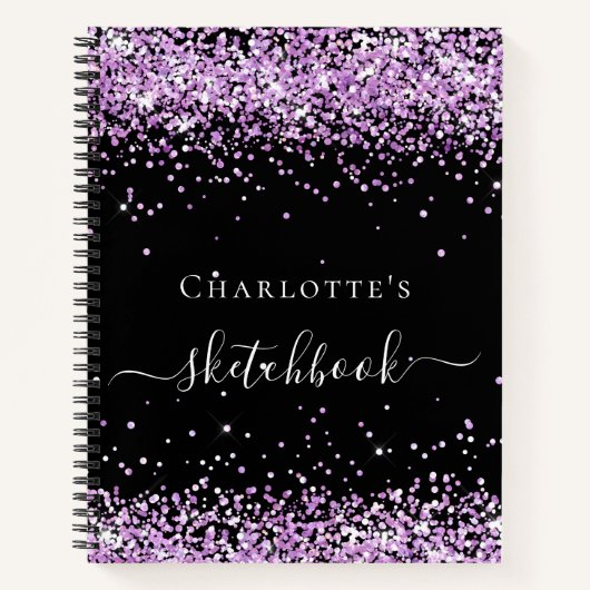 Sketchbook black paars violet glitter name script notitieboek (Voorkant)