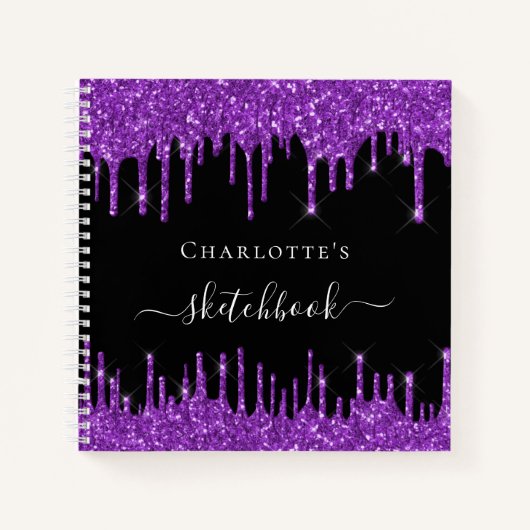 Sketchbook black paarse glitter druppelt naamscrip notitieboek (Voorkant)