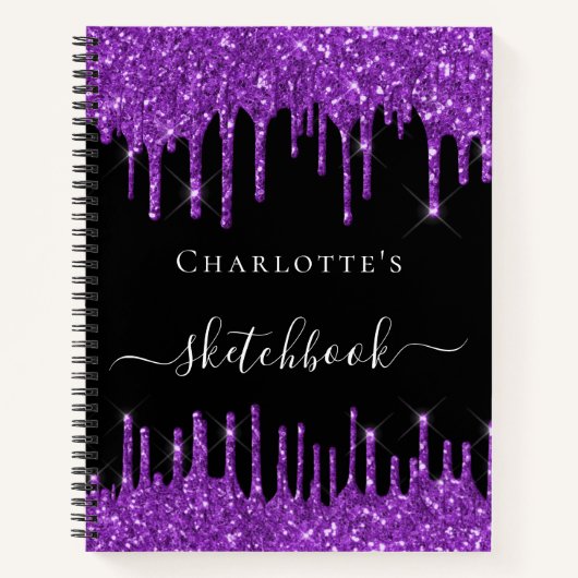 Sketchbook black paarse glitter druppelt naamscrip notitieboek (Voorkant)