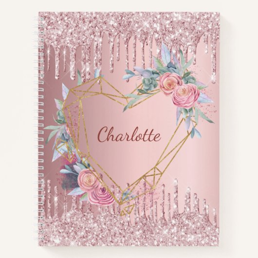 Sketchbook blush roze florale glitter monogram notitieboek (Voorkant)