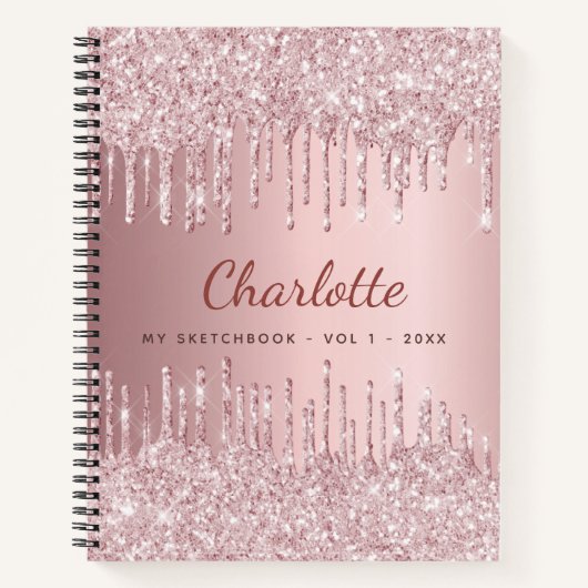Sketchbook blush roze glitter monogram naam luxe notitieboek (Voorkant)